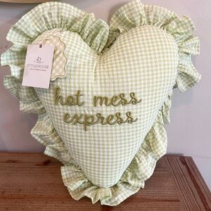 “Hot Mess Express” Heart Embroidered Heart Pillow Coquette girly plaid cute 💚